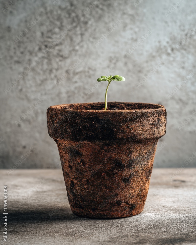 Poster close-up of a small green sprout growing in a rustic terracotta pot on a textured surface studio sho