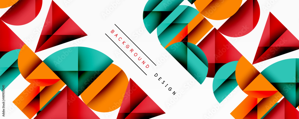 Poster Abstract geometric shapes, vibrant colors, modern design. White background features overlapping circles, squares, triangles. Clean lines create dynamic composition.