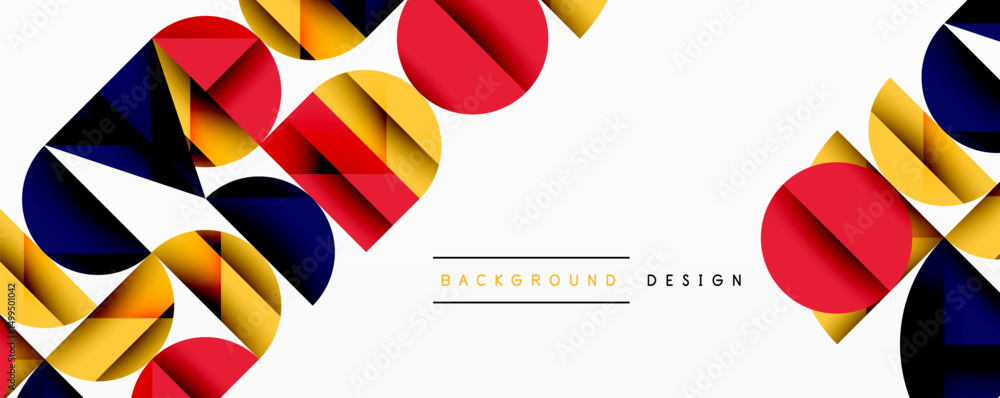 Aufkleber Abstract geometric shapes overlap, creating dynamic colorful design. White background emphasizes vibrant reds, yellows, blues. Modern aesthetic.