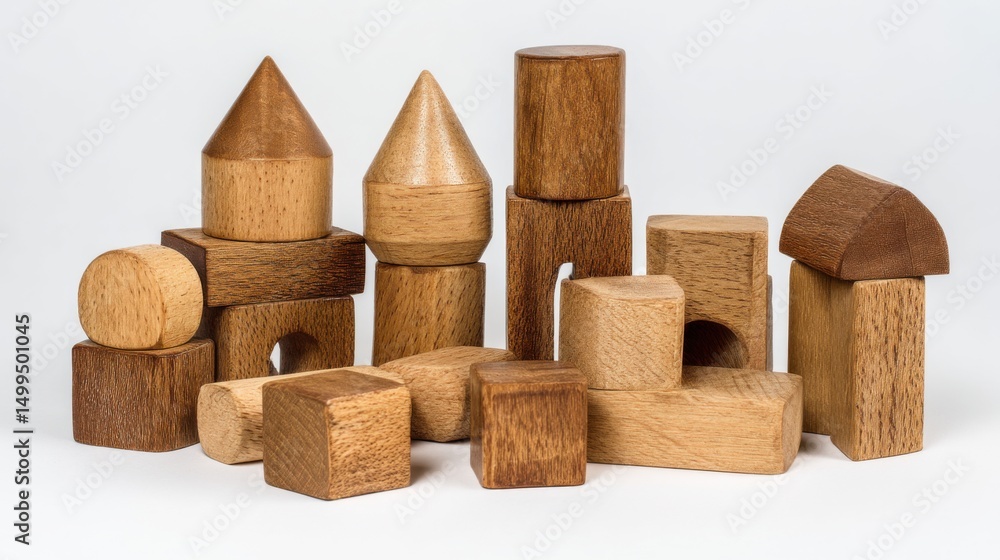 Aufkleber wooden building blocks arranged in a pile still life close up studio shot on white background for ch