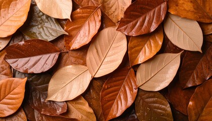 Variety of Brown and Tan Wet Leaves Layered in Fall Season Texture