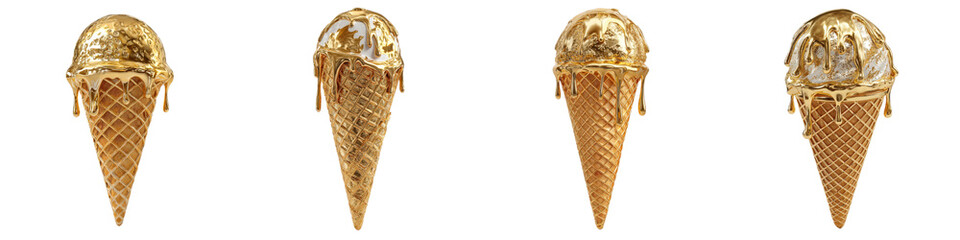 Dripping Gold Ice Cream Cones in a Delightful and Irresistible Display