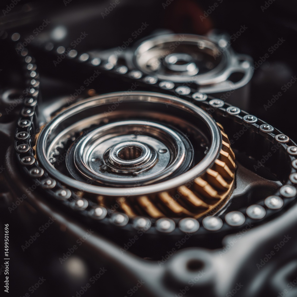 Poster Engine components close up featuring timing chain and gears in a dark automotive setting with a shallow depth of field