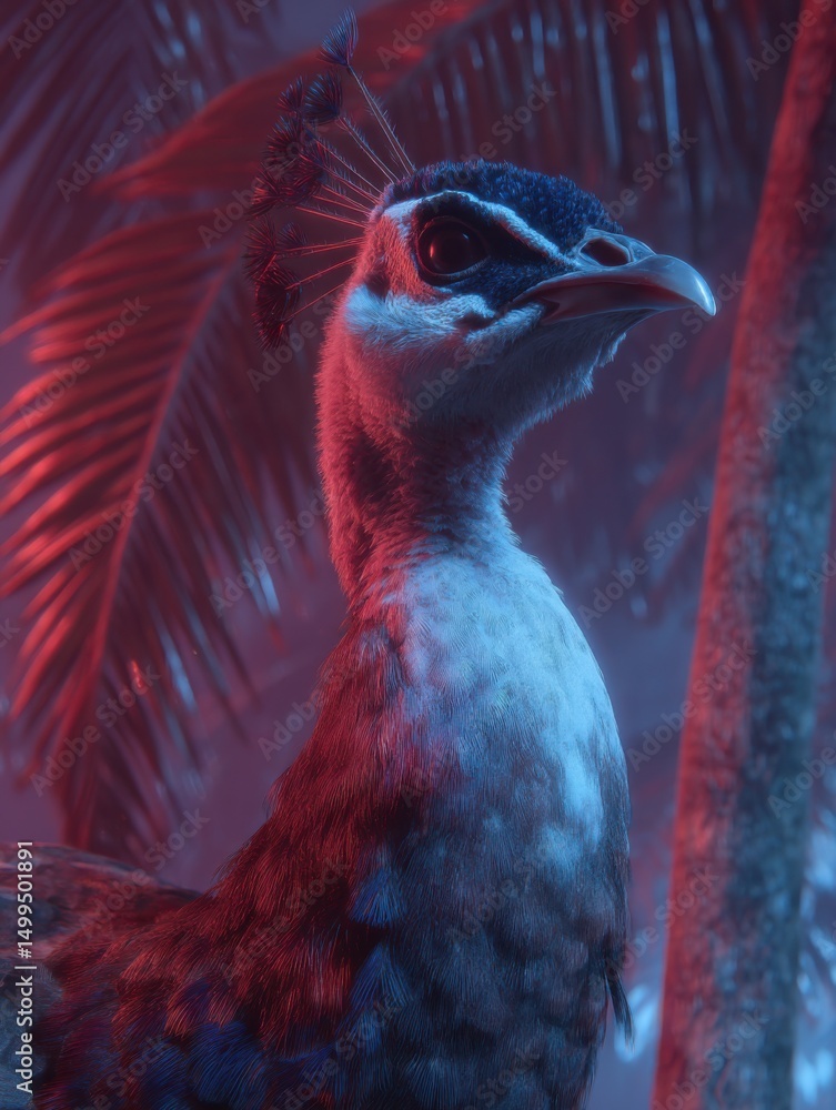 Poster peacock portrait in jungle setting under neon lights close up exotic bird with feathers and crest