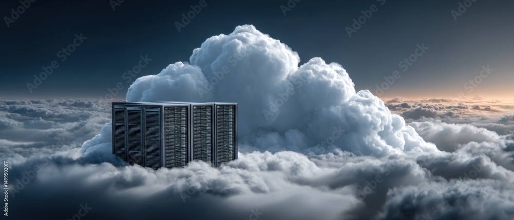 Poster Cloud Computing Servers in Ethereal Sky High Angle Digital Illustration for Data Storage and Virtualization Concept