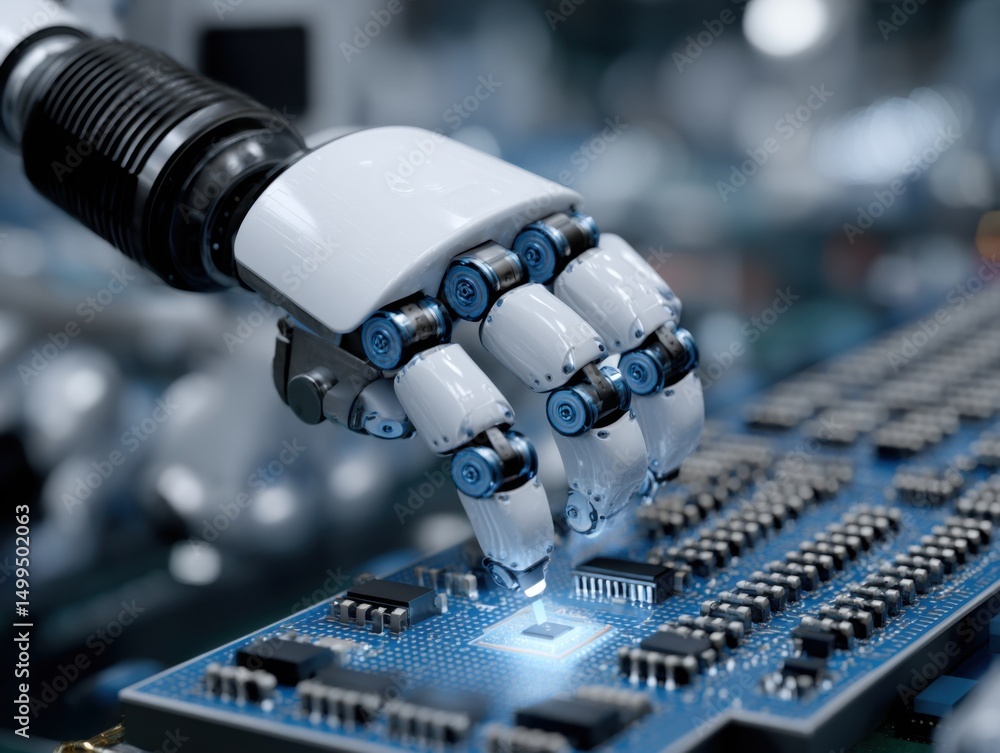 Poster robot hand inspecting microchip on circuit board close up future tech concept studio shot artificial