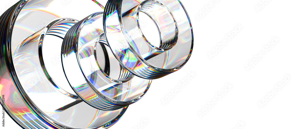 Poster 3d crystal glass transparent rings with holographic gradient on black background render design. abst