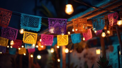 Colorful Papel Picado Banners and String Lights Hanging at Night in Mexico Celebratory Atmosphere Festive Decoration Outdoor Scene
