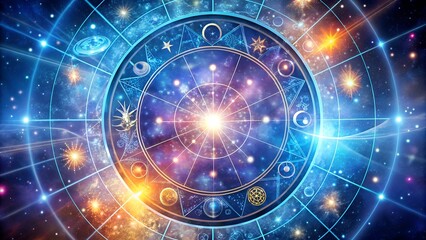 Pisces and Leo zodiac signs with an abstract blue fractal clock in a glowing, starry space technology background