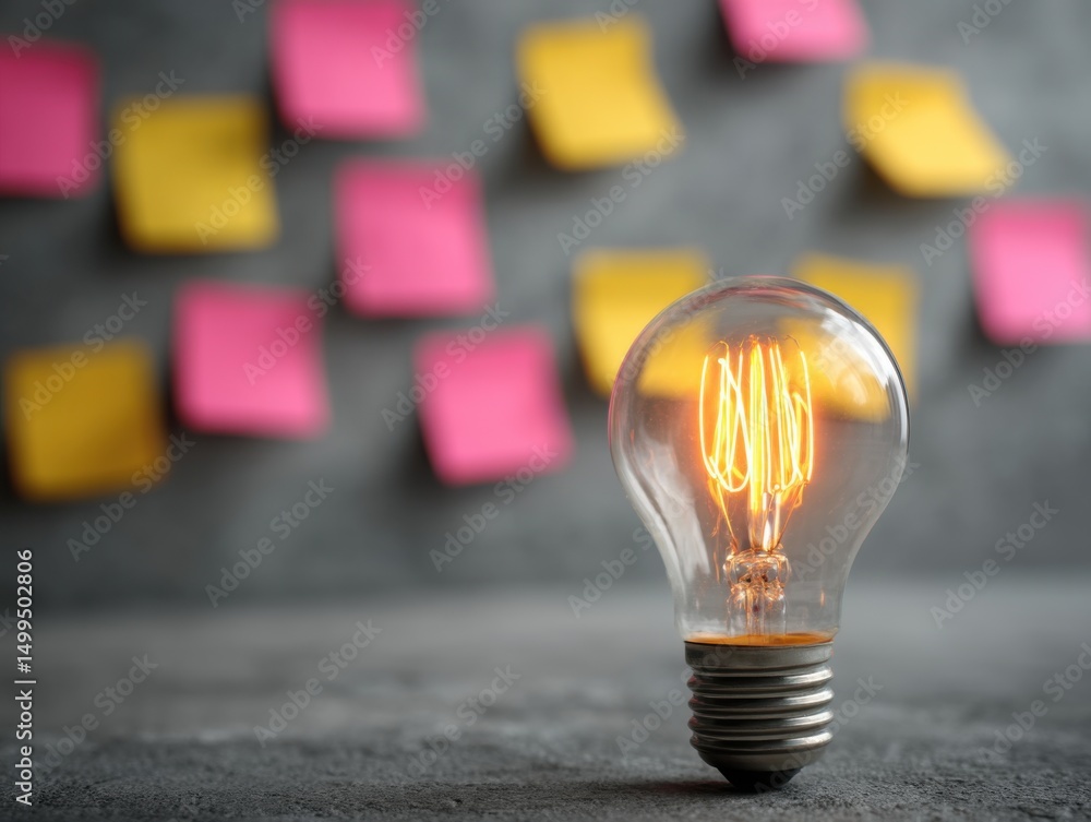 Poster Lightbulb illuminates with sticky notes background symbolizing brainstorming and creative ideas on gray surface studio shot