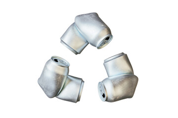 Group of four aluminum cans are arranged in a triangle. The recycle synbol made of metal folded cans. 3d render