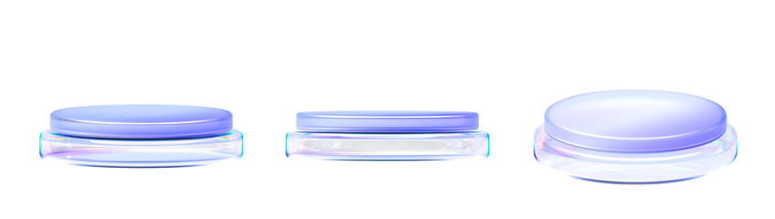 Glass transparent round stand podium 3d render icon set. Hologram iridescent crystal pedestal for product display. Abstract circle platform, stage mockup isolated on blue background