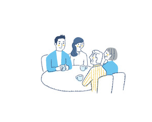 テーブルを囲んで話をしている4人