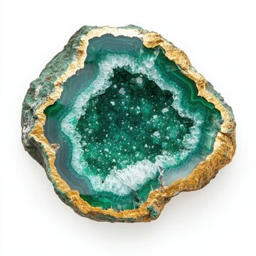 Green geode crystal mineral formation on a white background