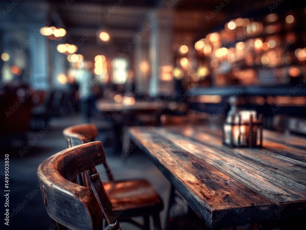 Aufkleber rustic wooden table and chairs in a dimly lit restaurant interior with bokeh lights and blurred back