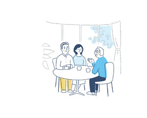 テーブルを囲んで話をしている3人