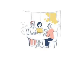 テーブルを囲んで話をしている3人