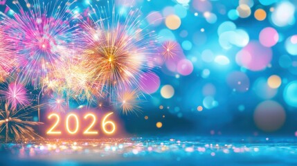 New Year's Eve Fireworks 2026: Vibrant fireworks explode against a dark blue bokeh background, illuminating the year 2026 in glowing neon digits. A celebratory image perfect for New Year's greetings.