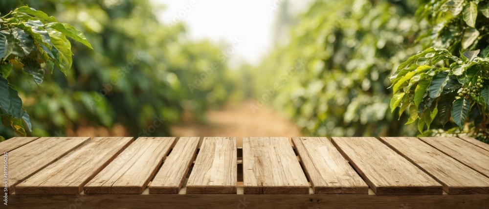 Aufkleber rustic wood table perspective in coffee plantation background for product display or mockup blurred 