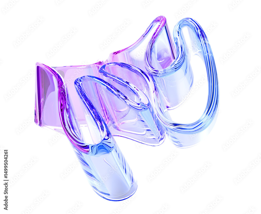 Poster 3d abstract liquid glass transparent ribbon with folds and ruffles isolated render icon. holographic
