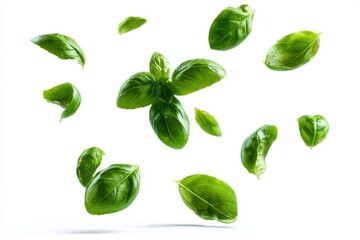 Fresh Basil Leaves Floating Midair on White Background Studio Shot Ingredient Herb Culinary