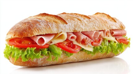 Delicious Sub Sandwich with Ham Cheese Lettuce and Tomato on White Background Studio Shot
