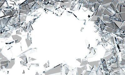 3d broken glass sharps frame, explosion effect with hole on black background render. Abstract flying transparent pieces, crashed mirror shatters, ice crystal shards, window fragments