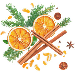 Festive Spice Medley: A vibrant arrangement of dried orange slices, cinnamon sticks, and fragrant spices, intertwined with lush evergreen sprigs, creating a sensory experience.
