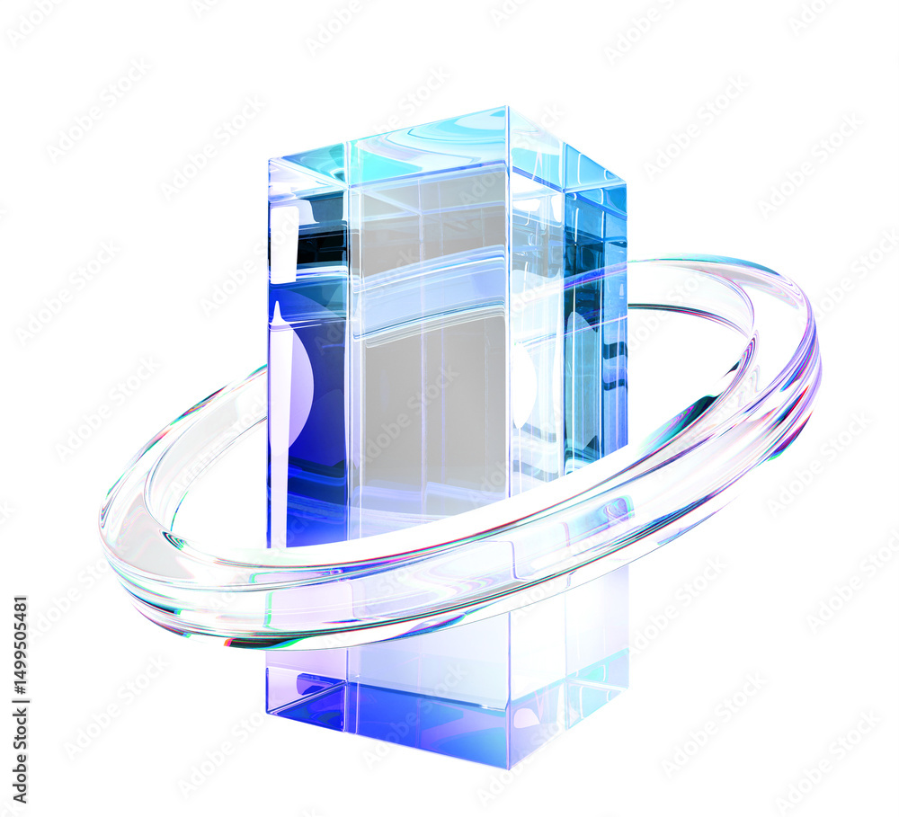 Poster 3d crystal light holographic block glass torus ring render. abstract transparent dispersion gradient