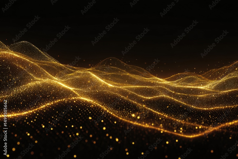 Poster golden particle wave abstract background, elegant flowing motion, macro shot, studio lighting, dark 