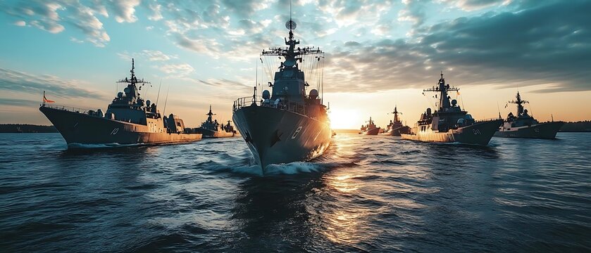 Sunset naval fleet ocean parade