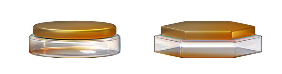 3d gold glass round and hexagon stand podium render set. Golden crystal luxury stage, empty pedestal. Award scene template for winner or product display isolated on black background