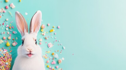 Obraz premium Playful Easter Bunny with Decorative Eggs: A close-up of a charming bunny with its tongue out, surrounded by colorful confetti and sweet-decorated eggs.