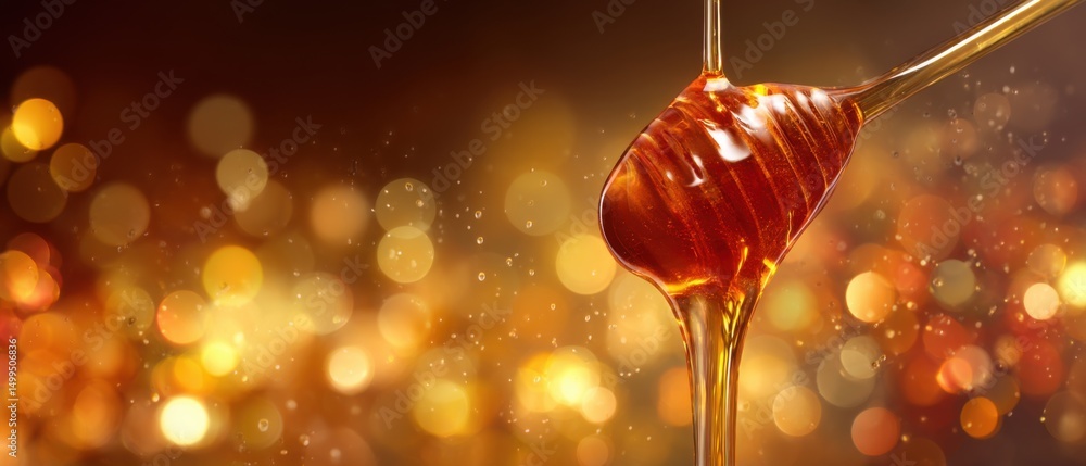 Poster golden honey drizzling from dipper close up with bokeh background in studio shot for food and bevera