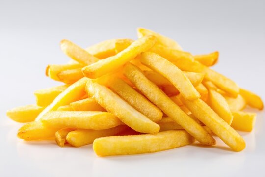 Close up of piled golden french fries on white surface studio shot comfort food indulgence