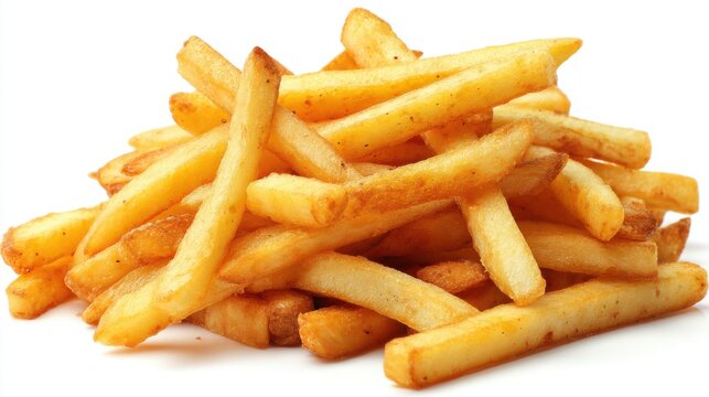 Pile of Crispy Golden French Fries Close Up Studio Shot on White Background Delicious Fast Food Snack Meal