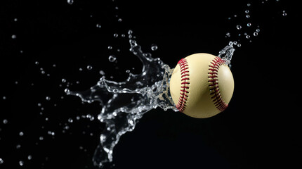 Baseball ball flying in water drops and splashes isolated on black background