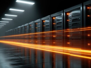Data center servers processing information with light trails in dark room low angle perspective for technology concept