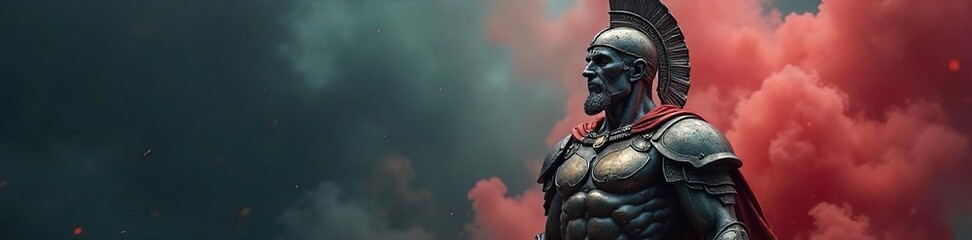 A triumphant, metallic, sculpted figurehead of a victorious warrior, standing tall and proud, embodying strength and achievement ,  achievement,  competition