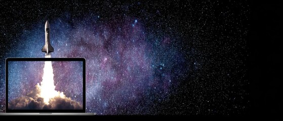 Digital Launch Concept of Rocket Taking Off From Laptop Screen Against Galaxy Background Horizontal Composition