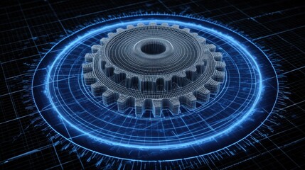 Digital Gear Wireframe Illustration on Grid Background with Glowing Blue Circles Technology Concept Close Up