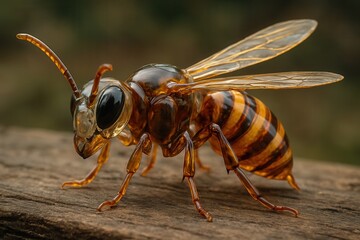 Glass Hornet Standing on Wood, 3D Render