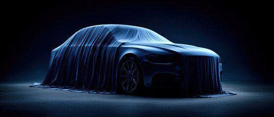 Car Reveal Under Blue Fabric Sheet Studio Shot Automobile Industry Mystery Teaser Dark Background Automotive Design Concept