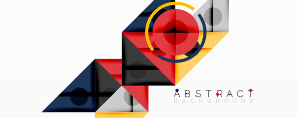 Geometric shapes overlap, creating dynamic composition. Red, blue, yellow hues dominate design. Modern aesthetic, clean lines present.