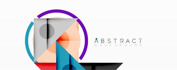 Geometric shapes overlap, creating modern design. Purple circle accents peach, blue, gray layers. Minimalist aesthetic suits branding projects.