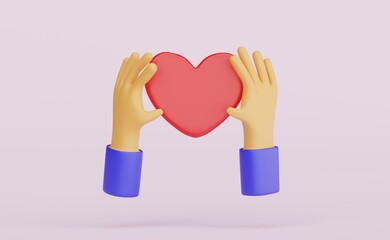 3d render on hand holding a heart minimal icon isolated on purple background .3D illustration.