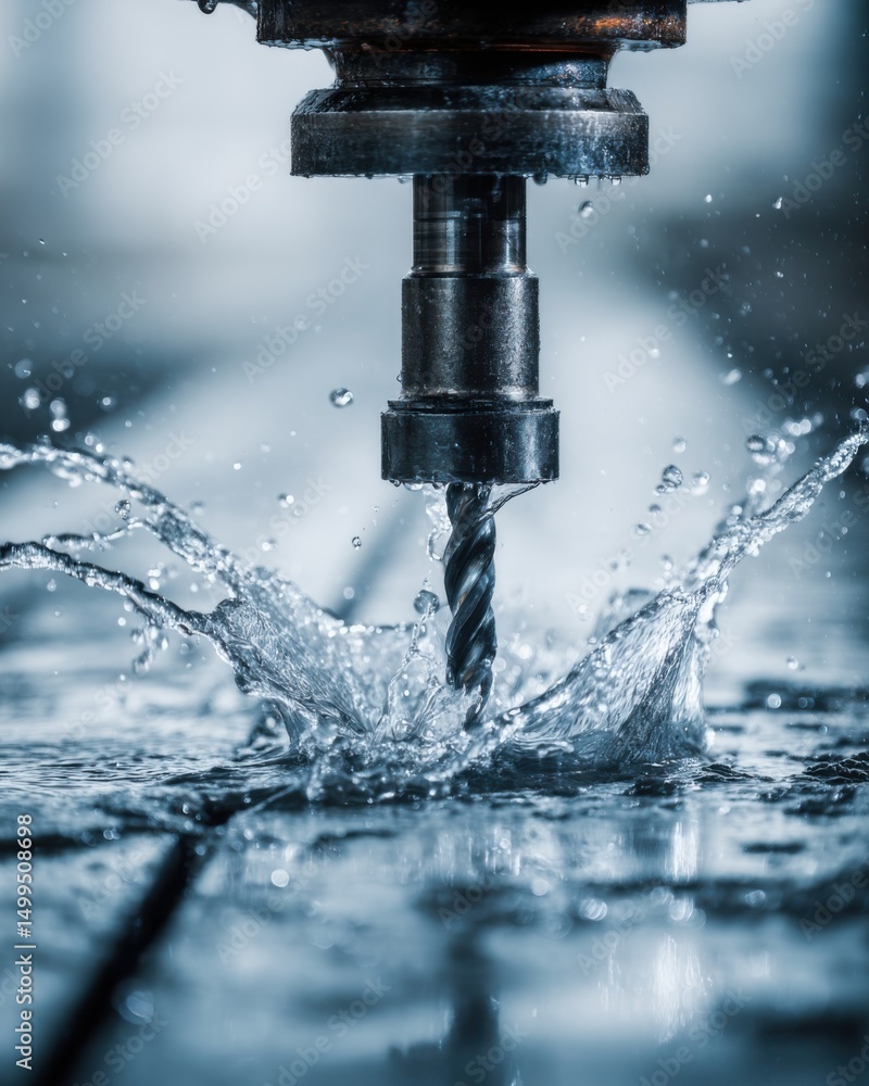 Poster Close up of CNC milling machine cutting metal with water coolant splashing in industrial setting
