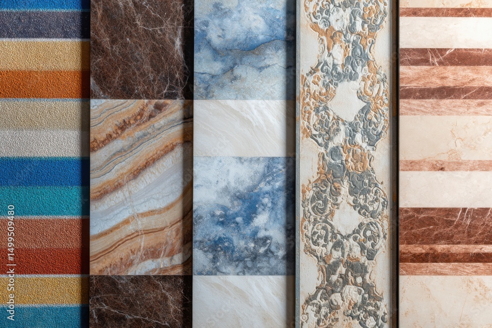 Poster assorted tile samples showing various textures and patterns in a studio setting close up shot