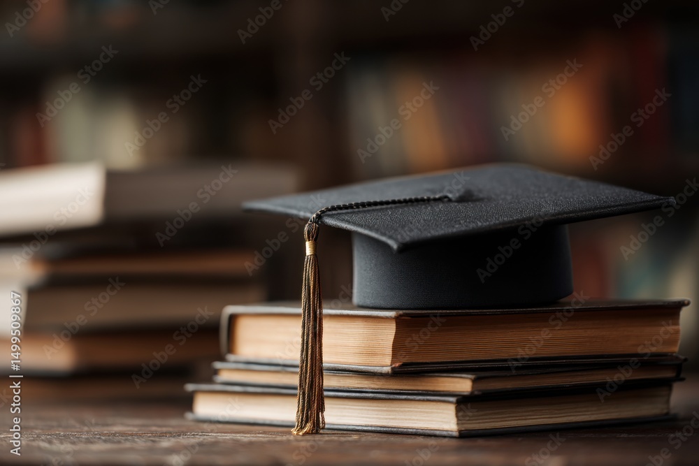 Aufkleber graduation cap resting on stack of books in library setting close up academic achievement concept