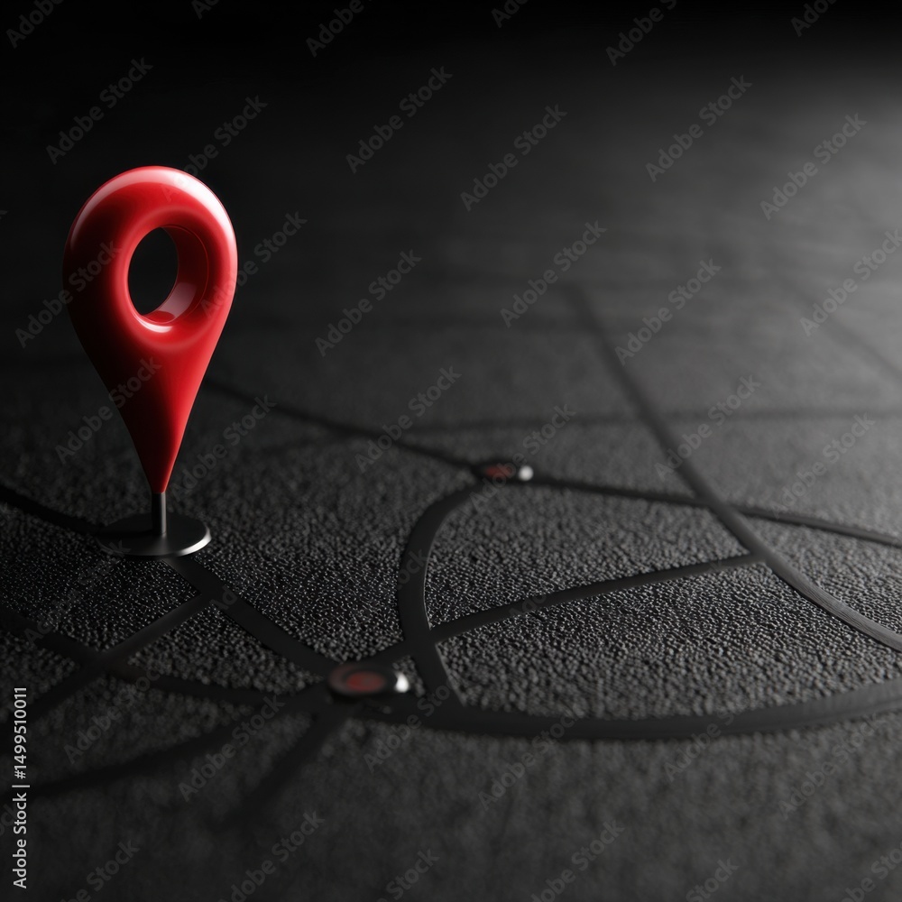 Aufkleber Red location pin on dark map background indicating destination point close up studio shot navigation concept